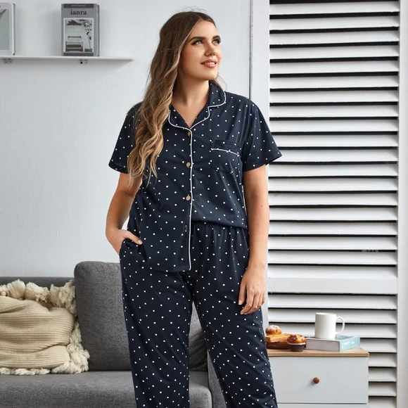 COPY - Navy Polk Dot,Short Sleeve Pant PJ'S - Picture 1 of 2